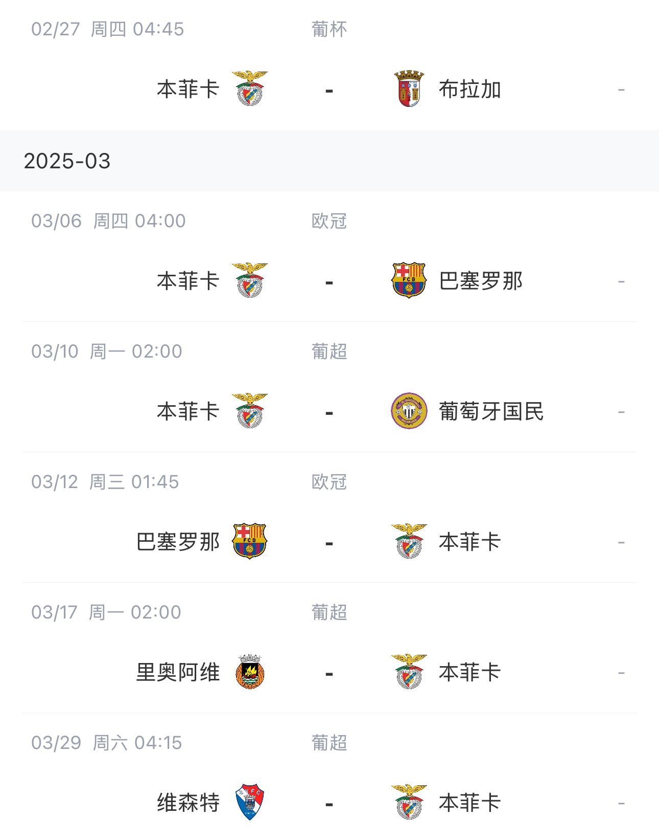  讓路歐冠！本菲卡戰(zhàn)巴薩首回合比賽前的葡超比賽推遲進(jìn)行