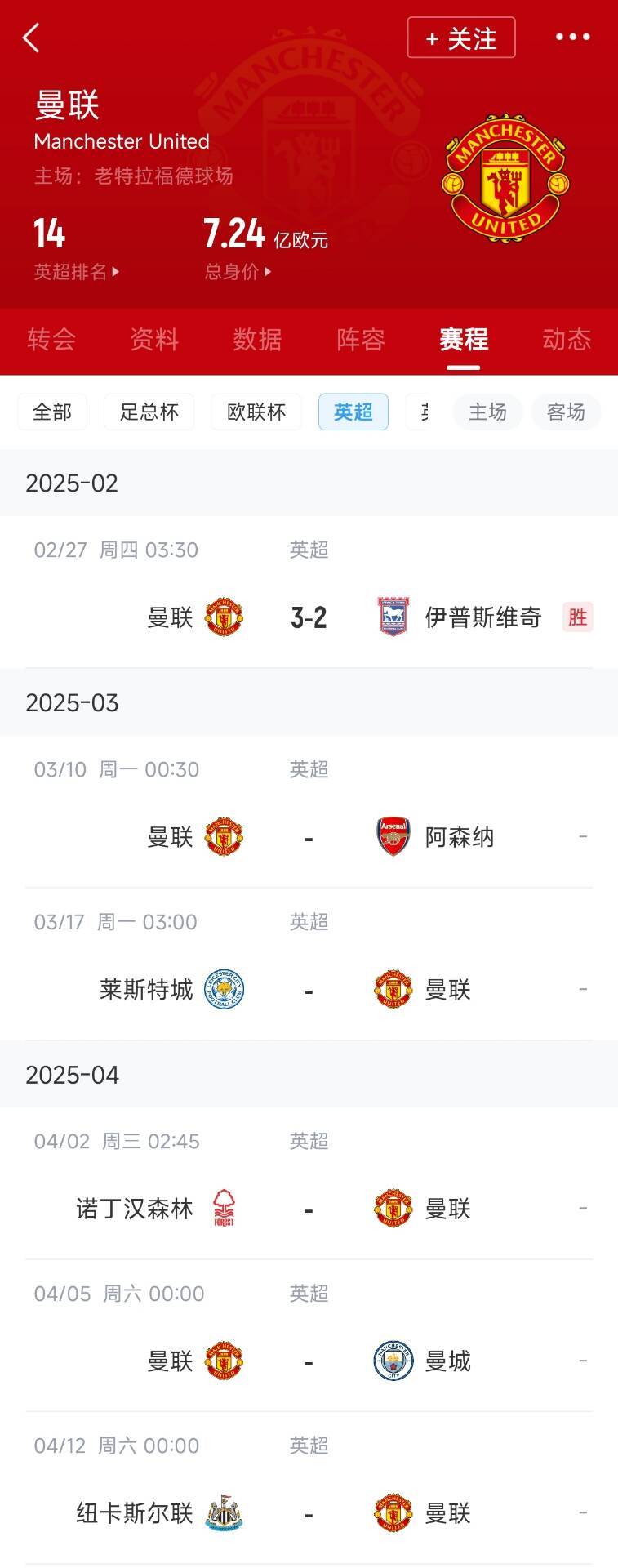  藍(lán)狐救一下？曼聯(lián)未來(lái)5輪將遭遇英超2/3/4/6名：槍手森林曼城紐卡