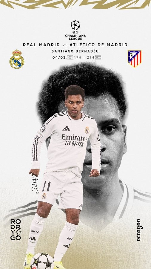  歐冠馬德里德比！羅德里戈曬個(gè)人海報(bào)：伯納烏見(jiàn)，HALA MADRID