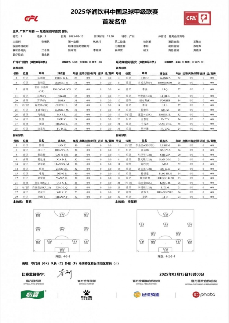  廣州豹vs延邊龍鼎首發(fā)：卡洛斯、羅薩、尼康三外援領(lǐng)銜廣州豹