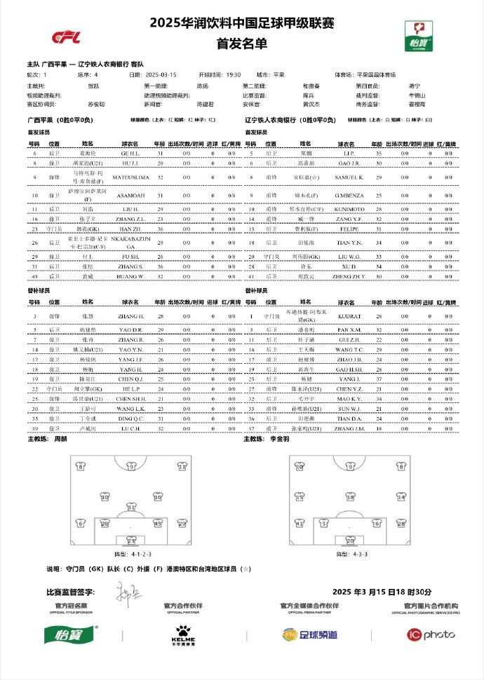  中甲-廣西平果vs遼寧鐵人首發(fā)：三外援對決三外援，安以恩出戰(zhàn)