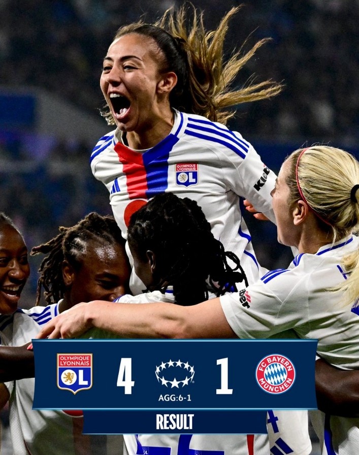  里昂女足4-1大勝拜仁女足，總比分6-1晉級女足歐冠半決賽